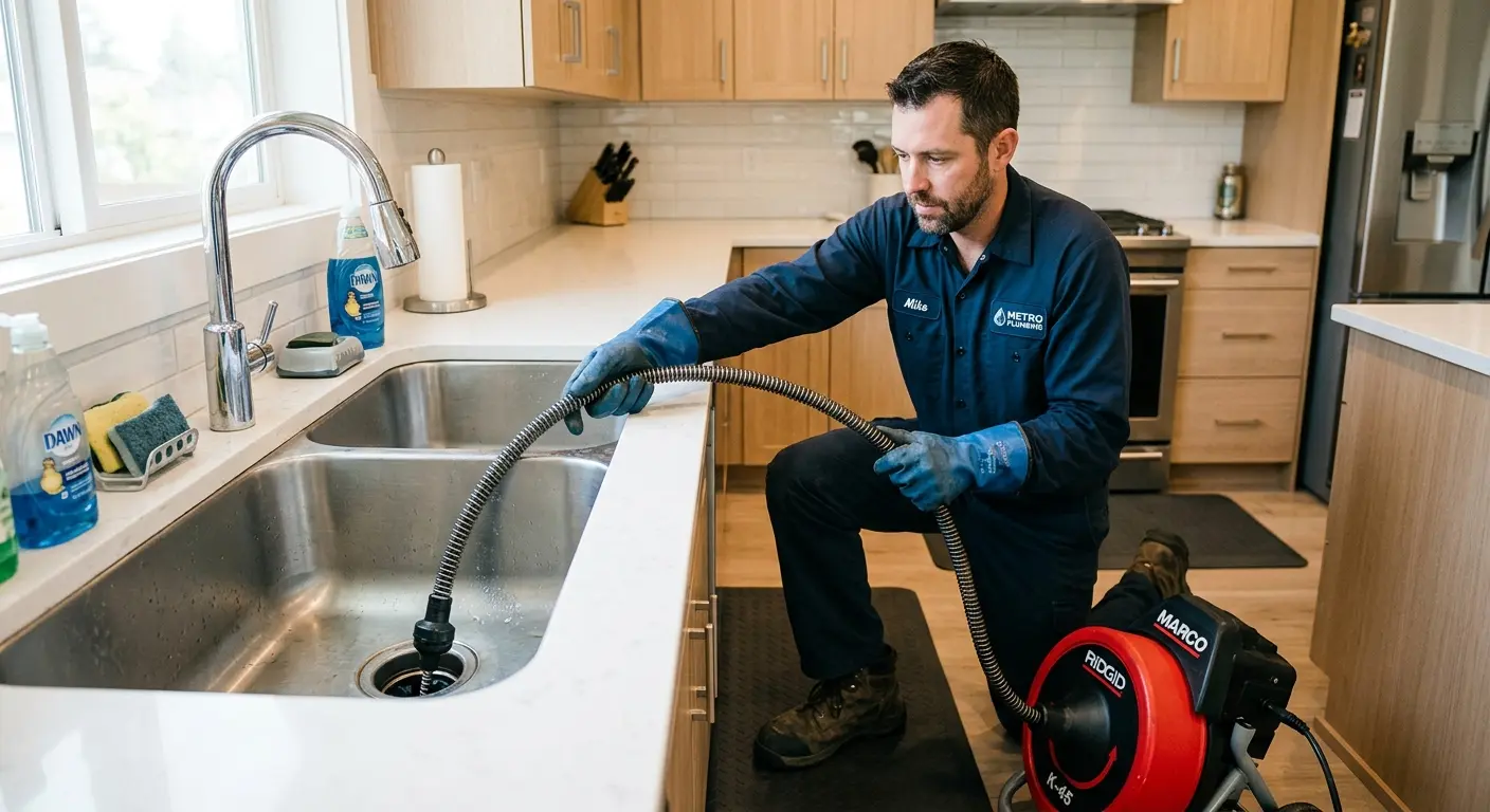 Drain cleaning technician using a motorized snake on a kitchen sink in Port Arthur