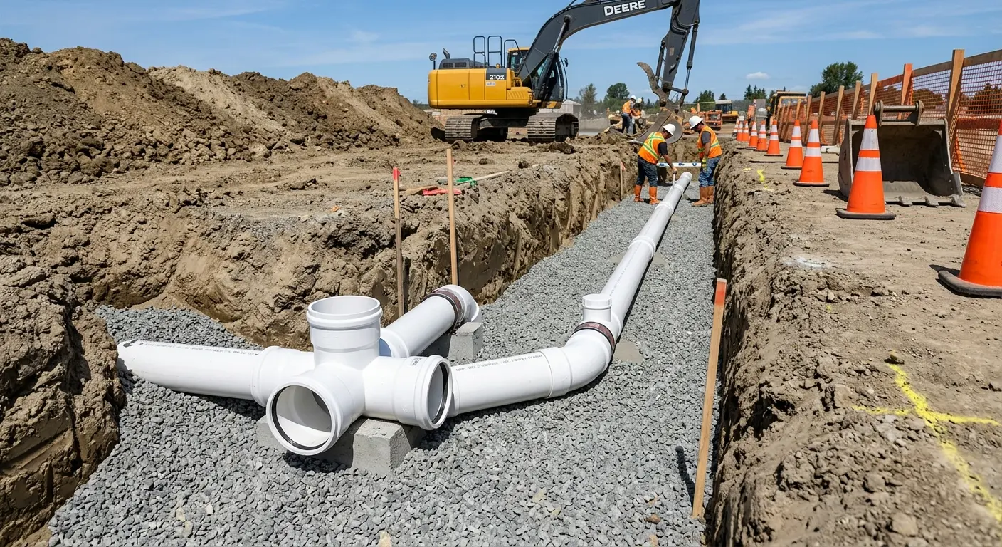 New PVC sewer pipe installation in open trench for Grease Trap Cleaning in Port Arthur