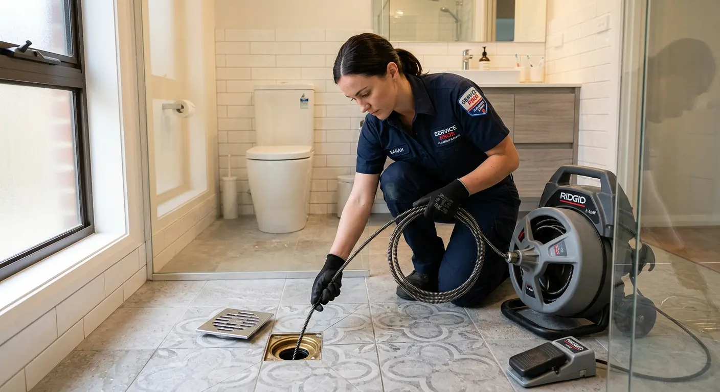 Technician clearing a bathroom floor drain for Drain Repair in Port Arthur